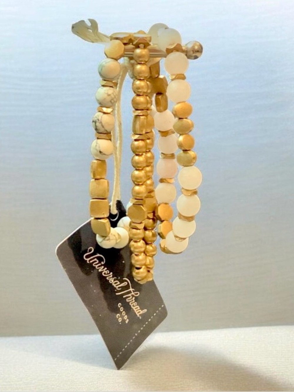 Universal Thread Gold and White Mixed Bead Stack Bracelets